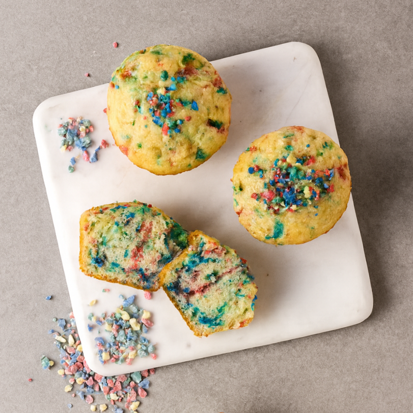 Three colorful cupcakes with rainbow sprinkles on a white marble plate, two of which are whole and one cut in half, with scattered sprinkles around the plate.