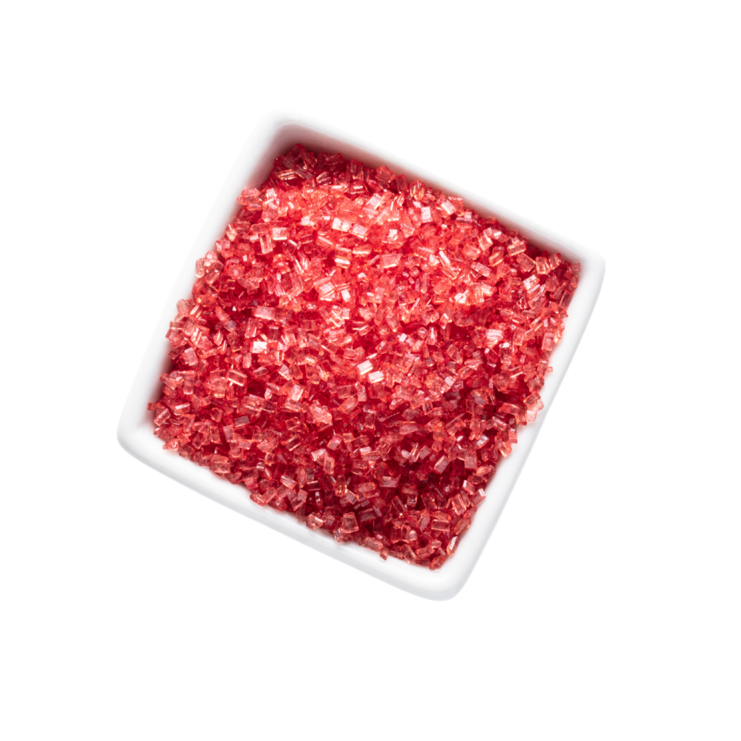 A white square dish filled with pink Himalayan salt crystals against a black background.