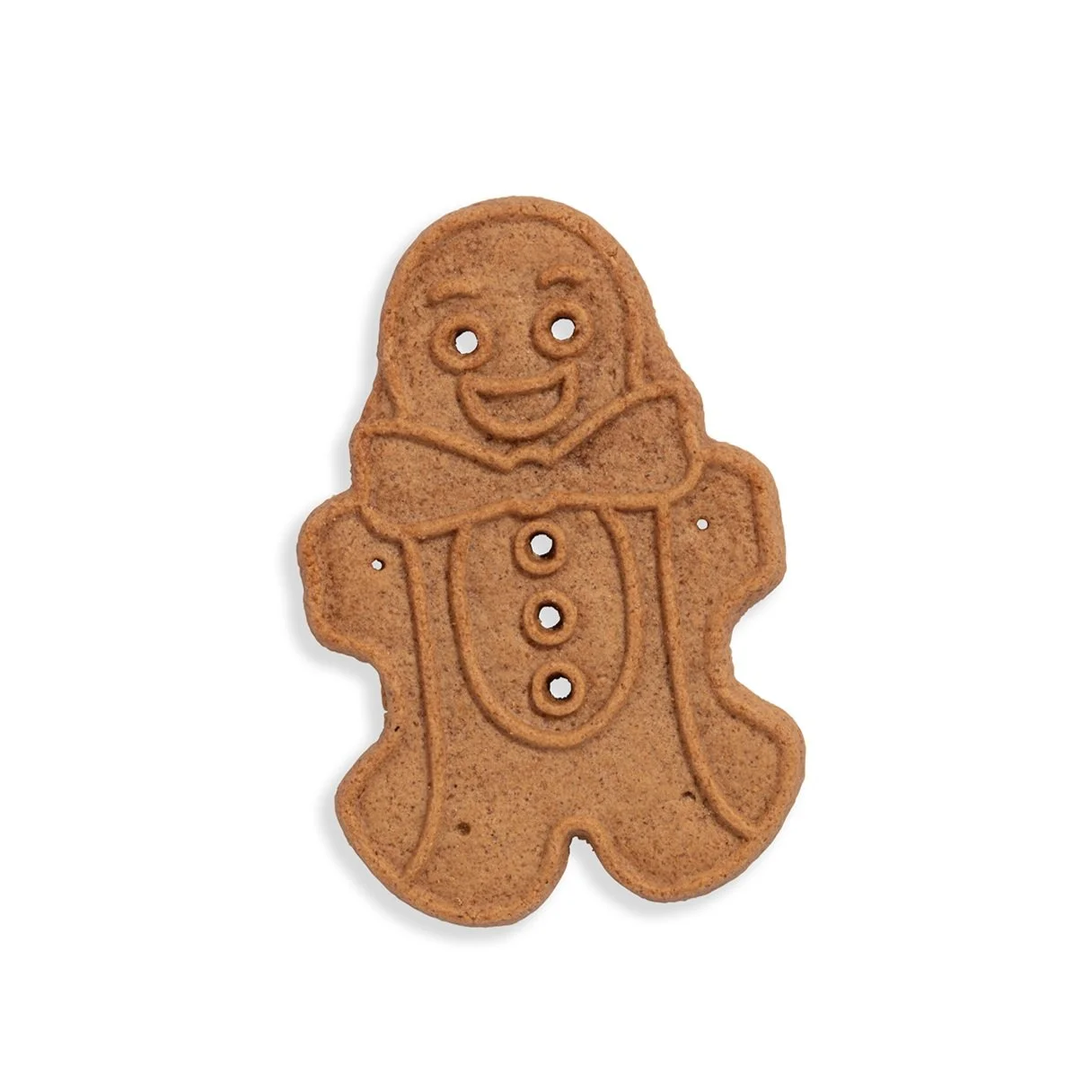 Gingerbread cookie shaped like a smiling gingerbread person with a bow tie and three buttons.