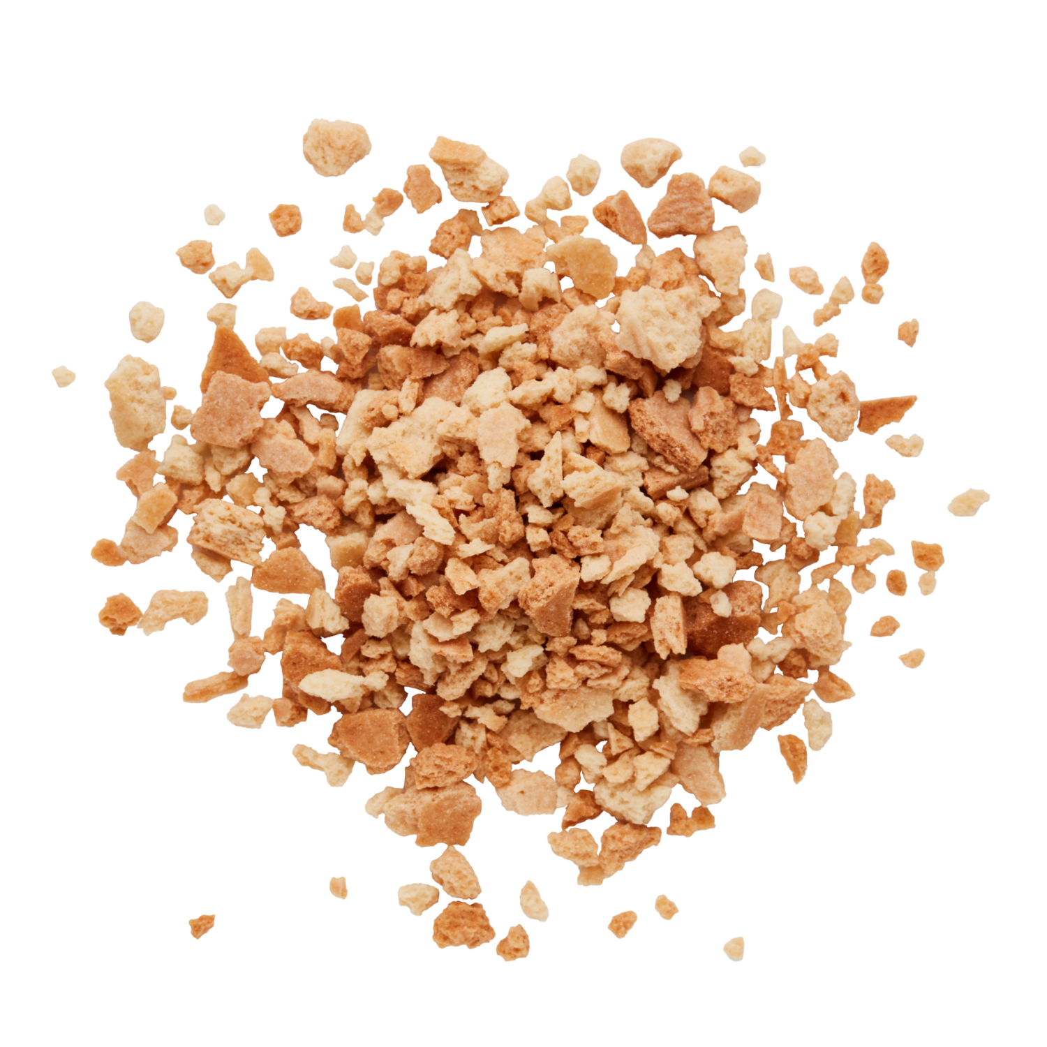Crumbled vanilla cookies or biscuit pieces scattered on a white background.