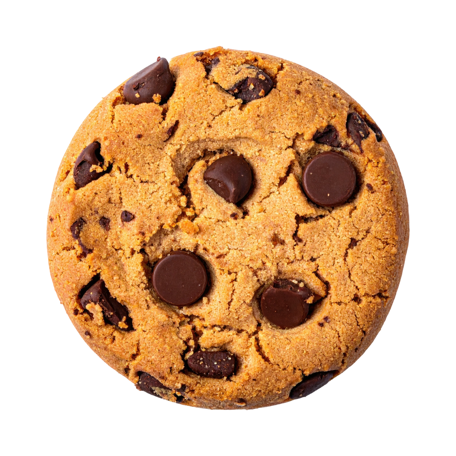 Close-up of a chocolate chip cookie with a golden brown color and visible chocolate chips.