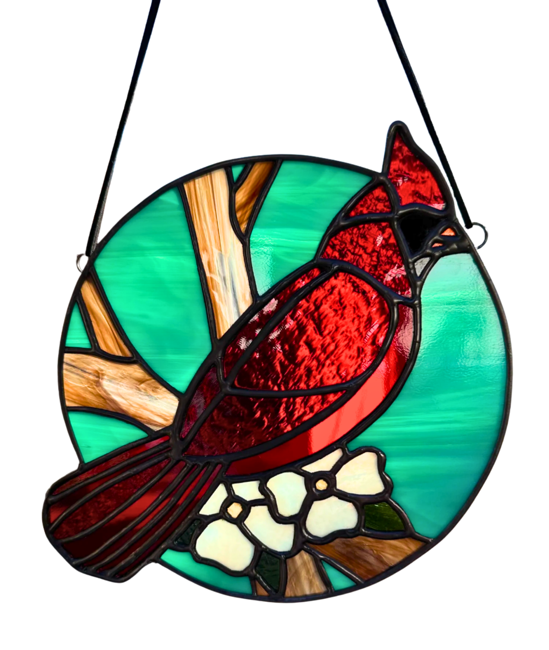 Stained glass art depicting a red and black bird perched on a branch with white flowers, set against a light green background.