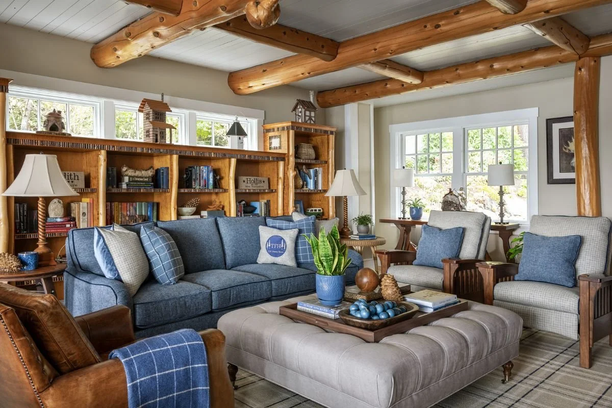 Cozy family room with exposed natural log beams and large ottoman