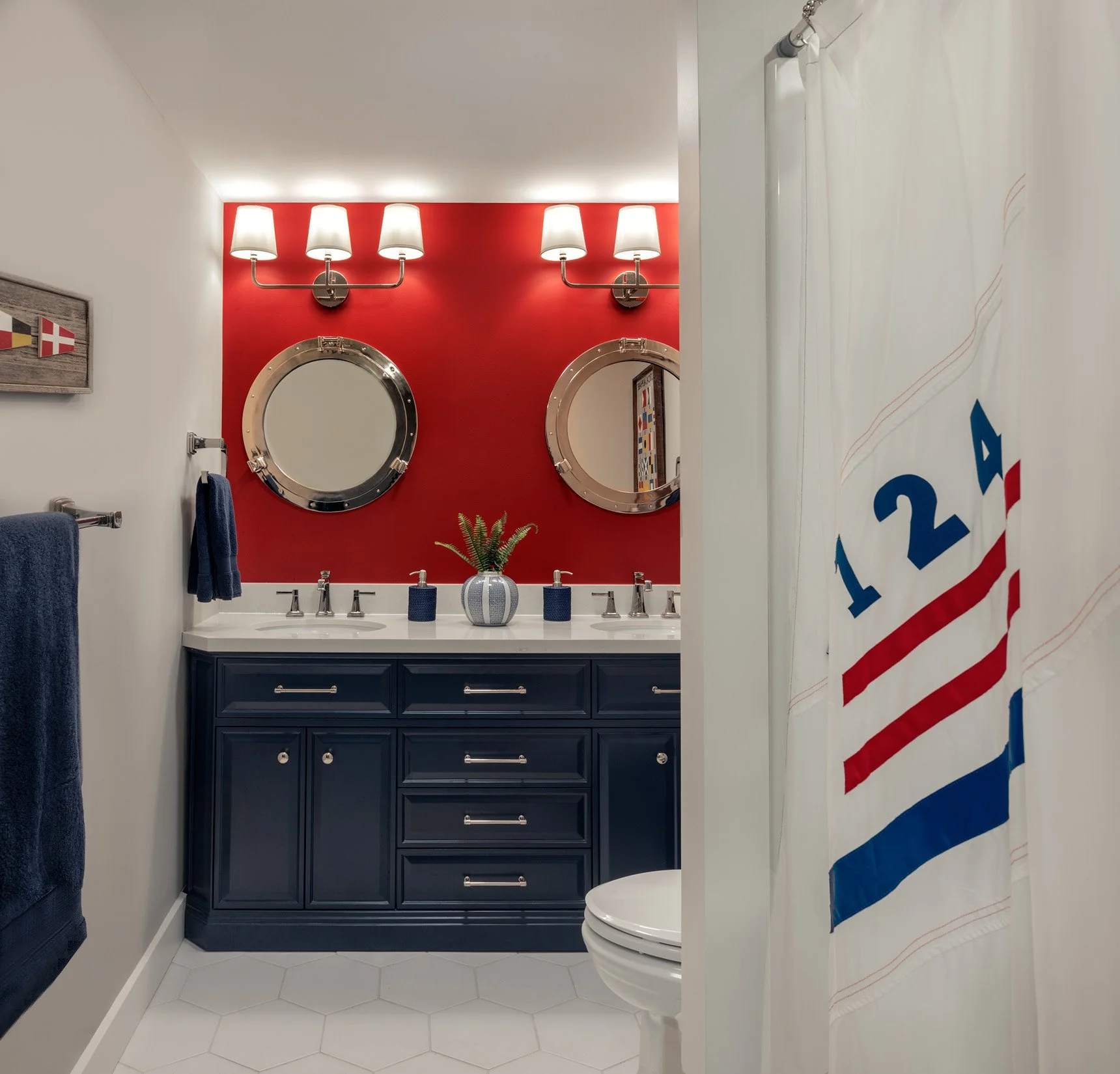 A fun red, white and blue bathroom in Wolfeboro, NH