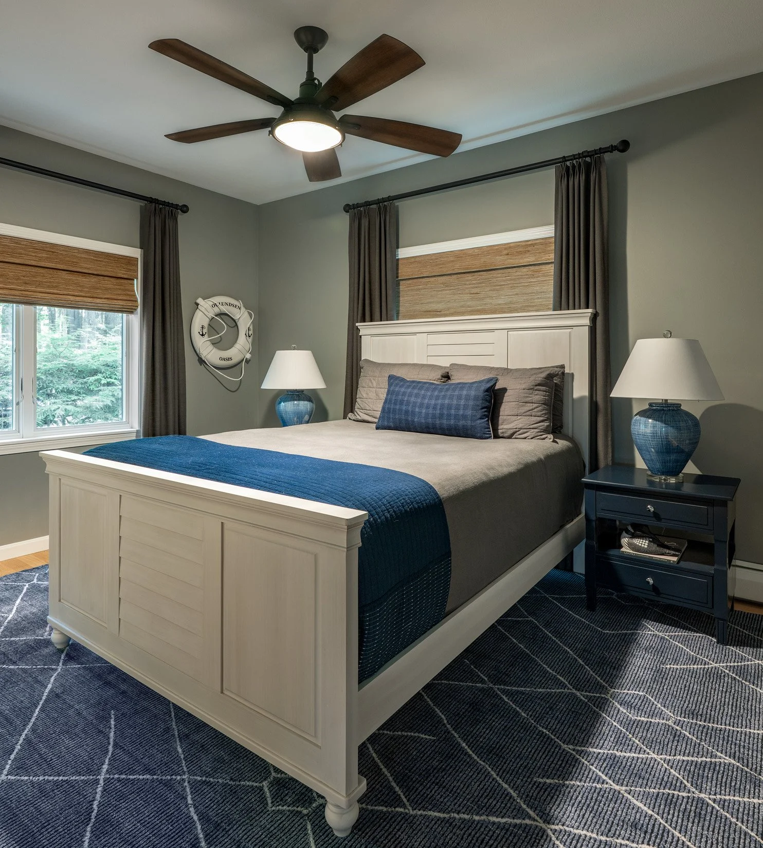Blue, grey and white guest bedroom