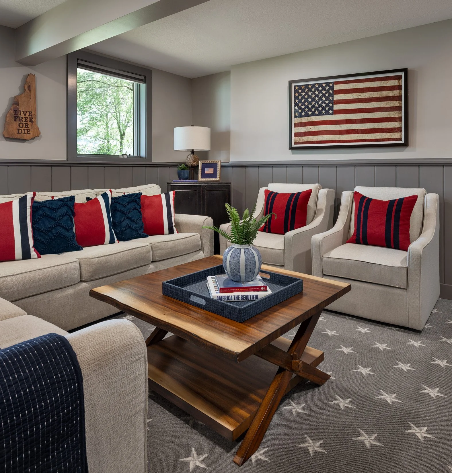 A star-spangled living space in the lower level of this lakeside home.
