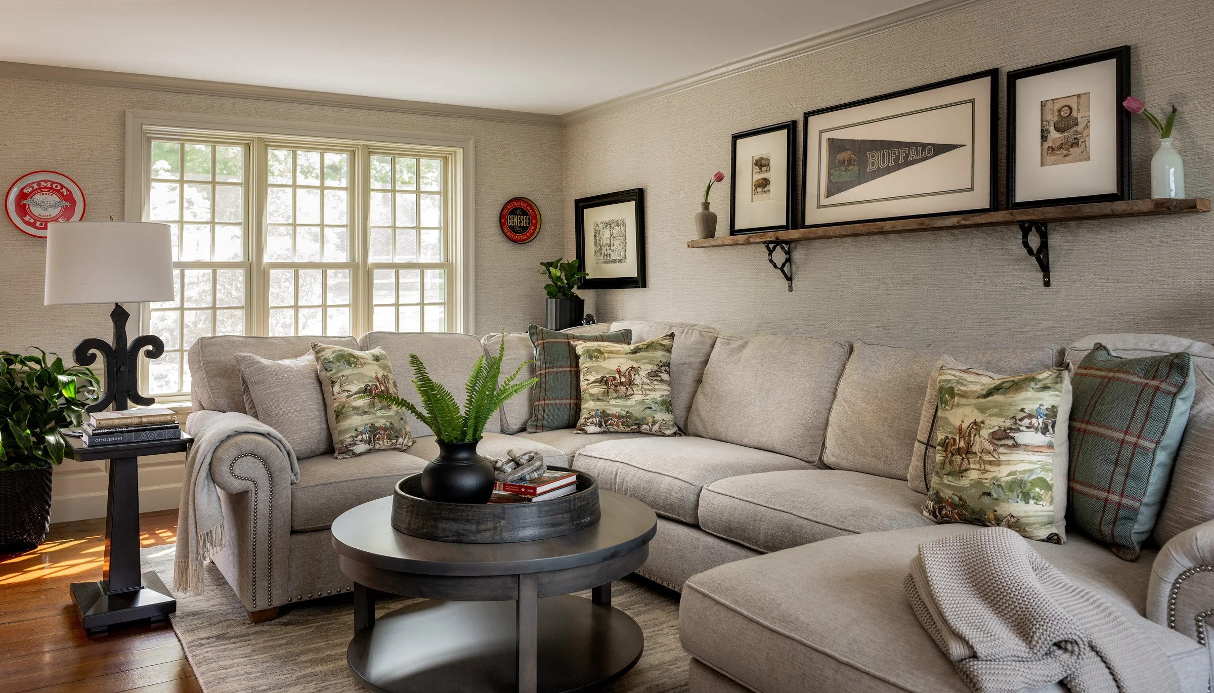 An oversized sectional is the perfect fit for this Hollis NH family room.