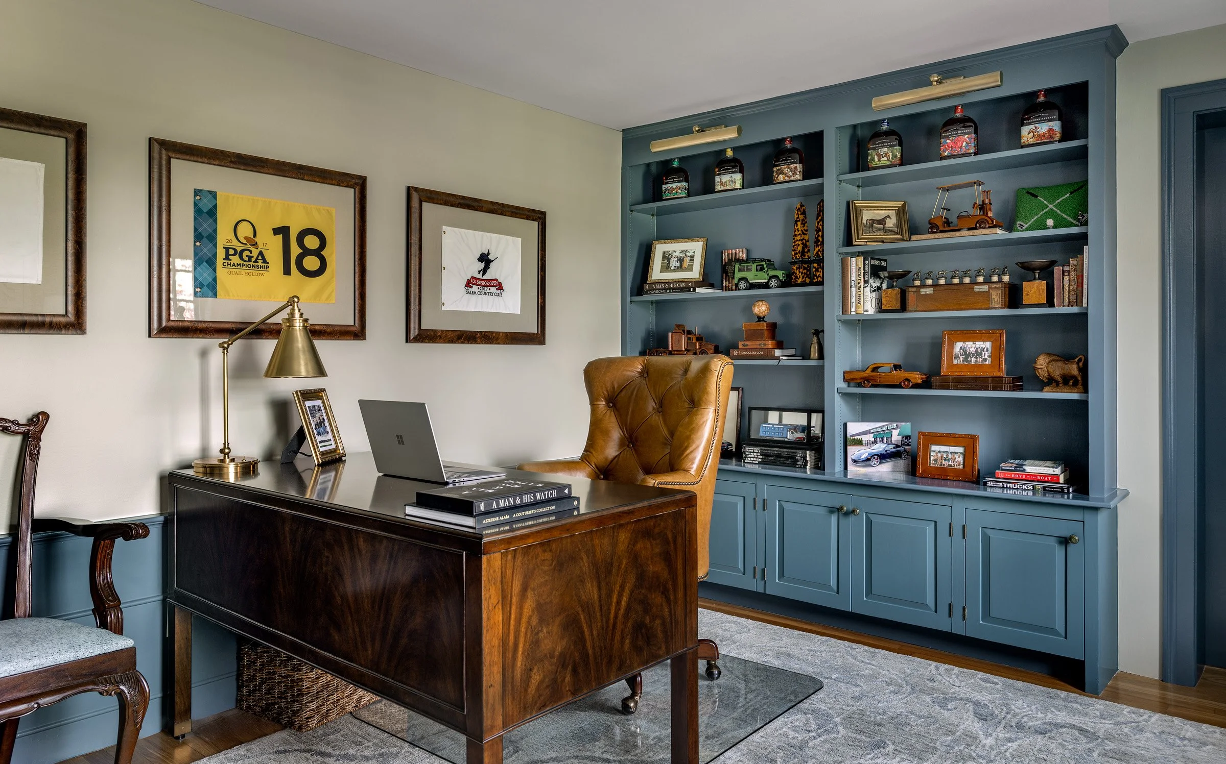 A home office with custom built-ins