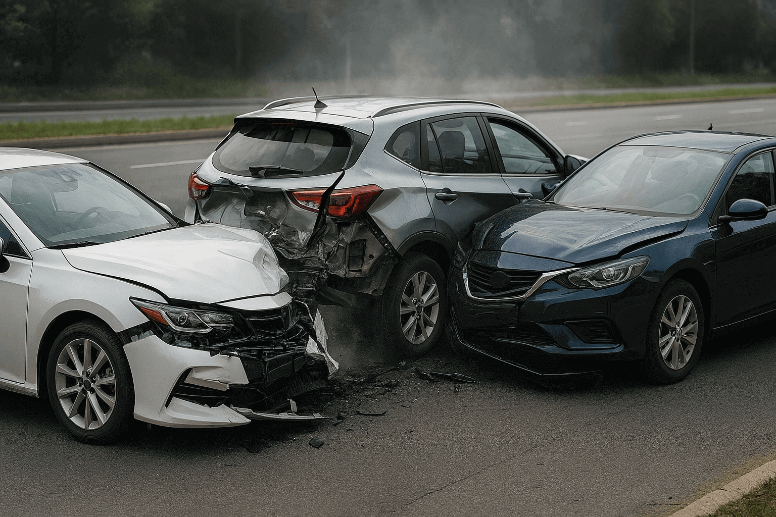 Multi‑vehicle auto accident involving modern cars, illustrating how fault allocation and coverage determination affect auto insurance claims.