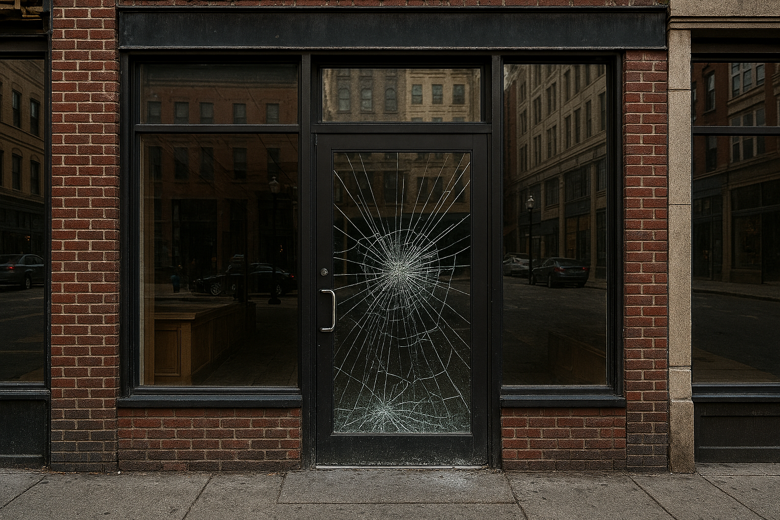 Downtown storefront with a shattered glass entry door illustrating how business insurance coverage is tested during real‑world claims.
