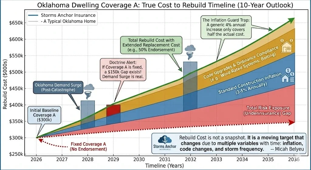 Storms Anchor Insurance chart showing the true cost to rebuild a home in Oklahoma over 10 years, illustrating how inflation, code changes, and storm driven demand surge create an underinsurance gap.