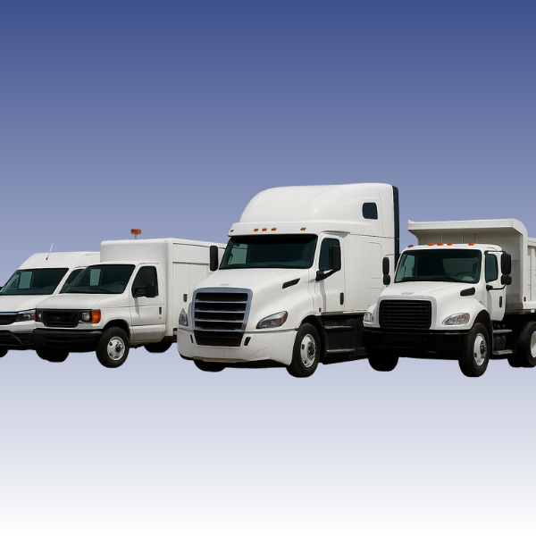 White commercial fleet vehicles including work vans, semi-truck, and dump truck — Oklahoma business auto insurance coverage by Storms Anchor