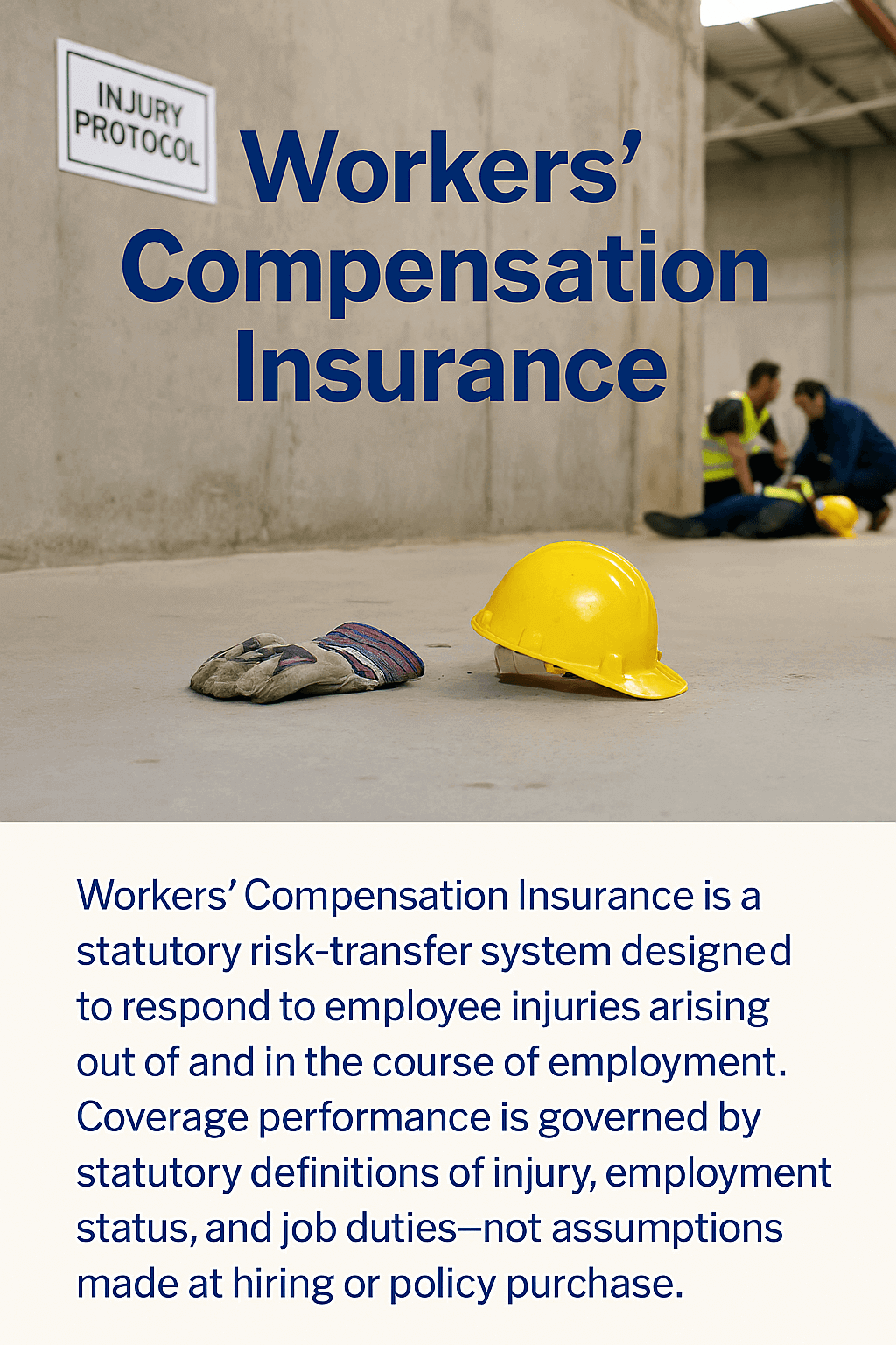 Industrial accident scene showing safety gear and injury protocol signage in the foreground, with blurred responders assisting a fallen worker in the background.