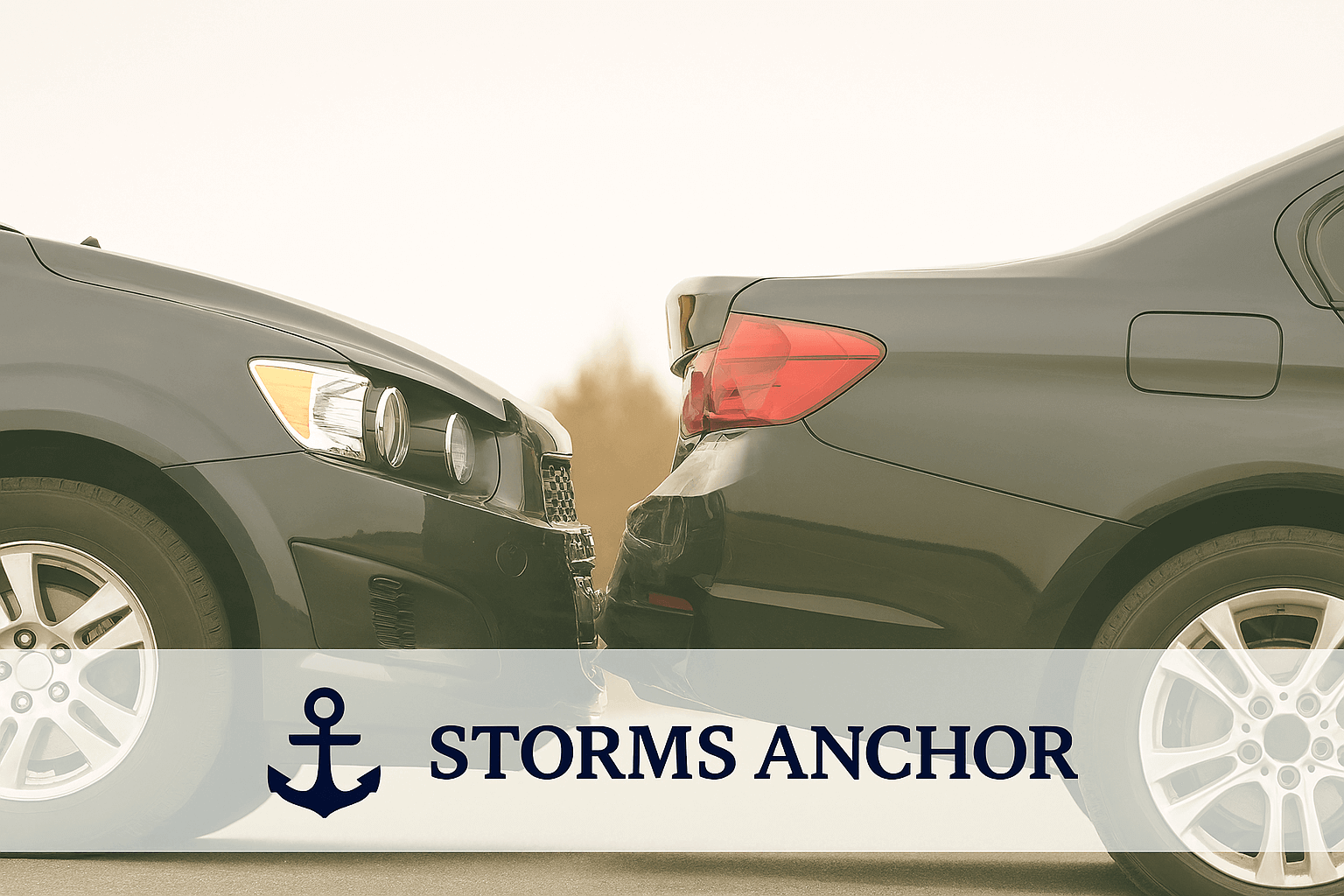 Front ends of two cars involved in a collision, with the black car's front crashing into the rear of the gray car.