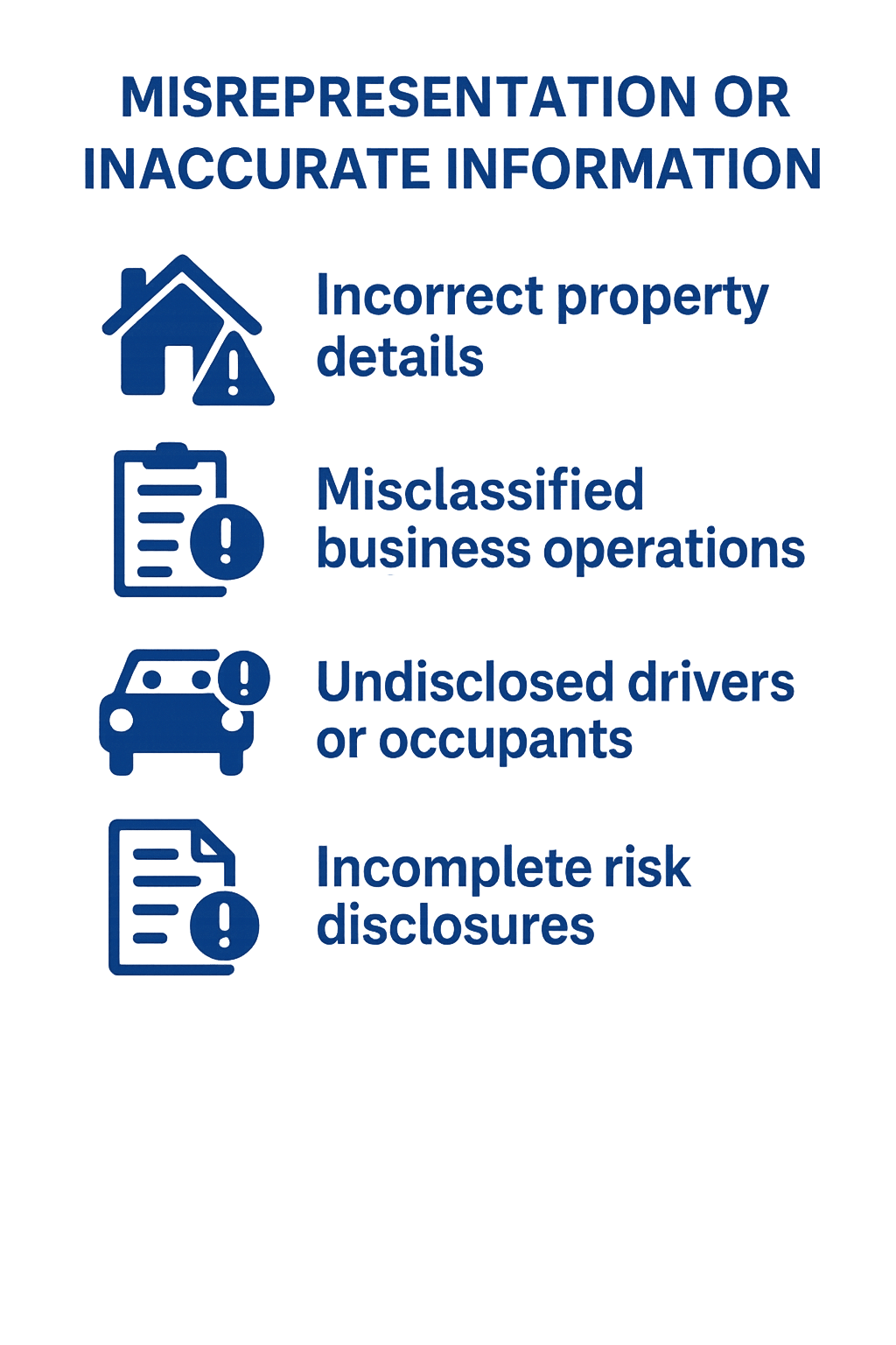 Icons showing common insurance misrepresentation risks: property, business, drivers, and disclosures.