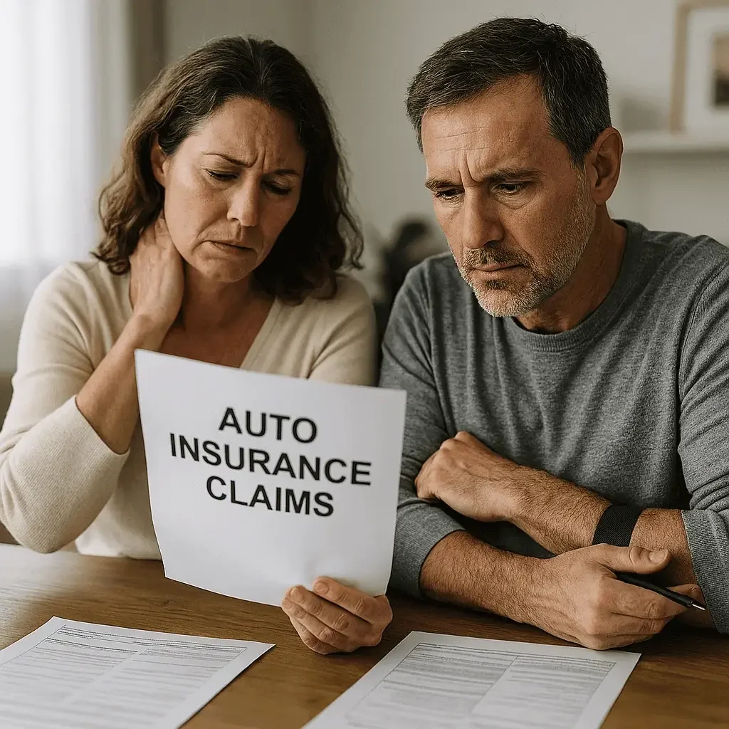 Injured husband and wife reviewing auto insurance claim paperwork together at a kitchen table after an accident, illustrating how claims are evaluated before payment is issued.