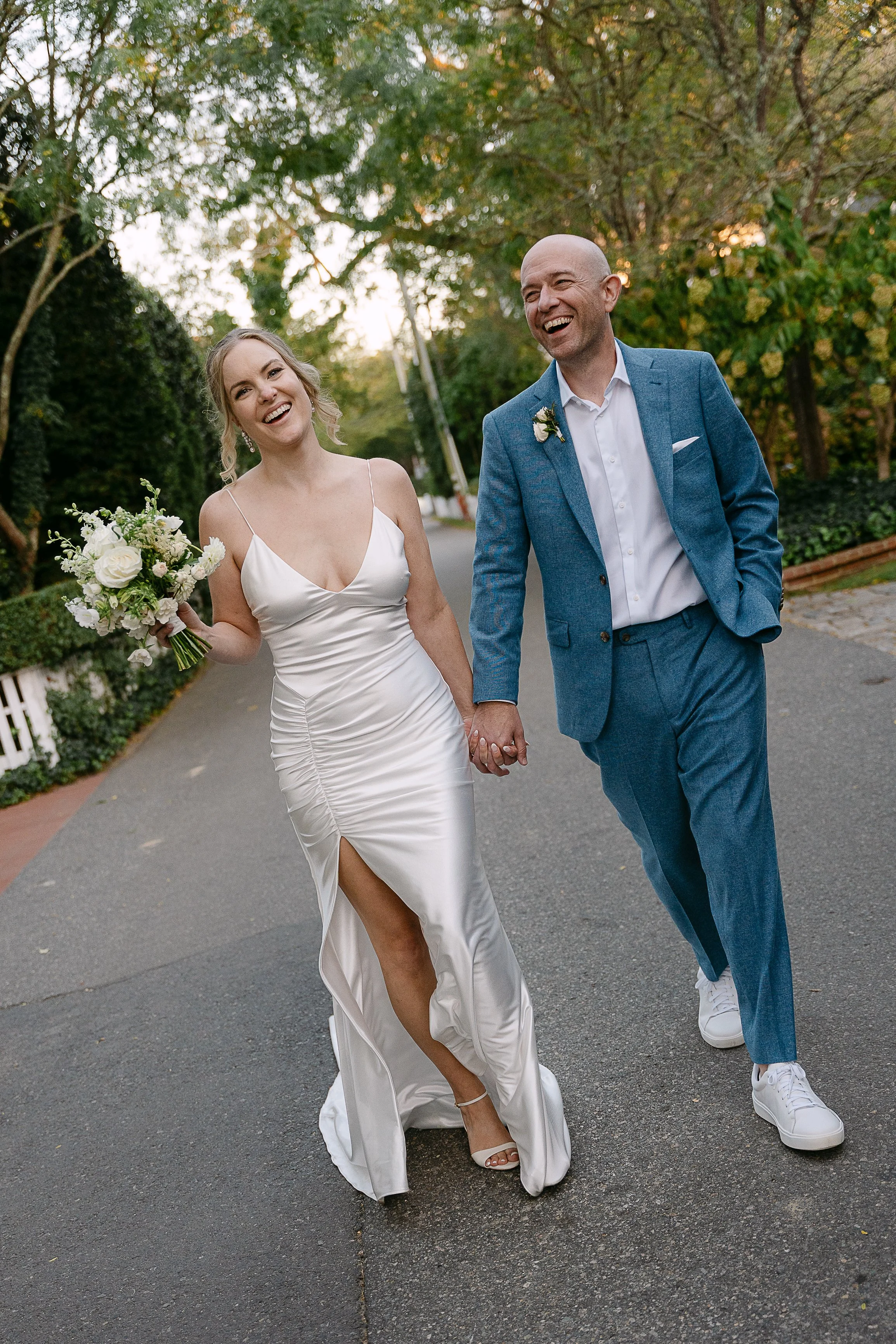 Martha’s Vineyard wedding photographer Luke DiOrio capturing wedding portraits on downtown Edgartown streets