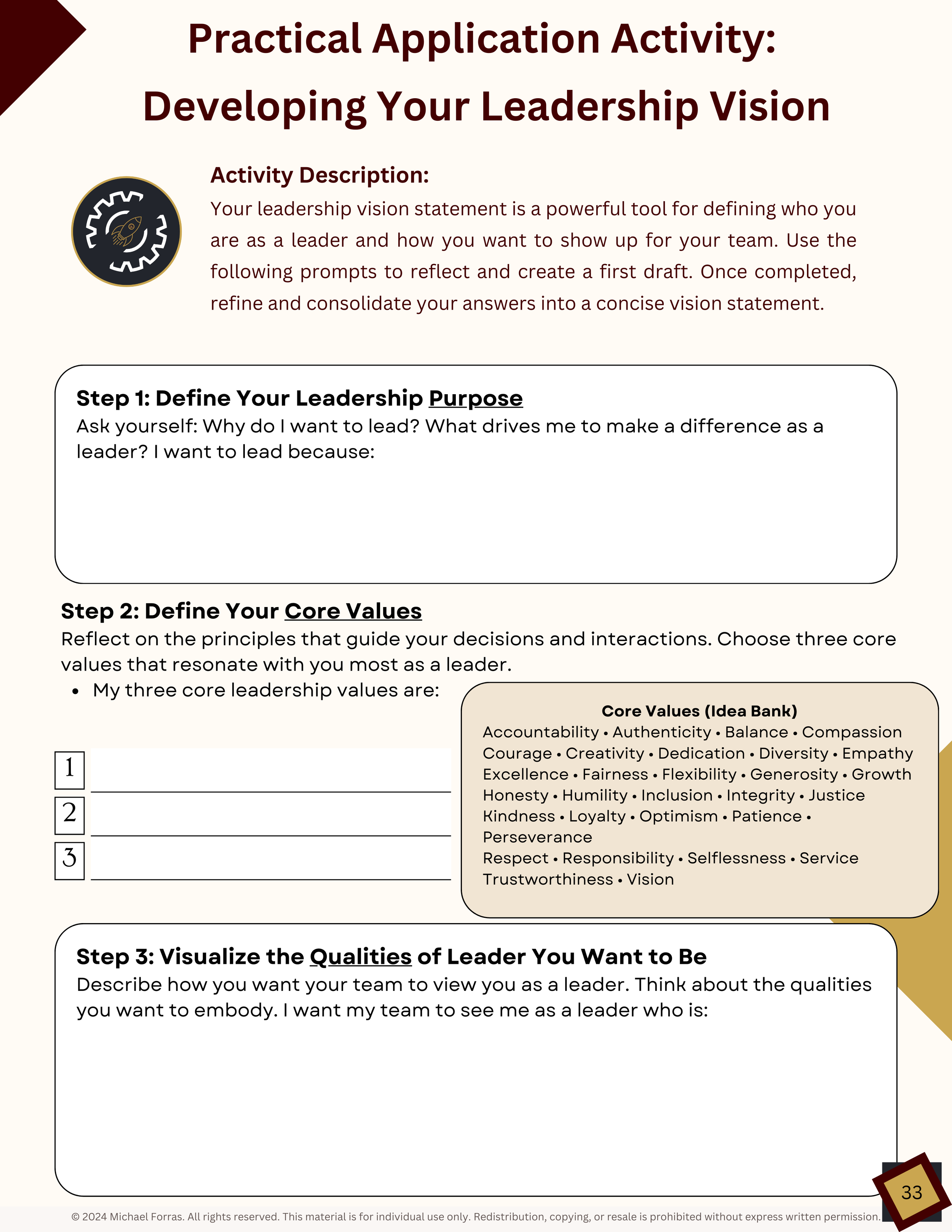 A worksheet titled "Practical Application Activity: Developing Your Leadership Vision" with sections on defining leadership purpose, core values, and qualities of a leader, including prompts and a list of core values.