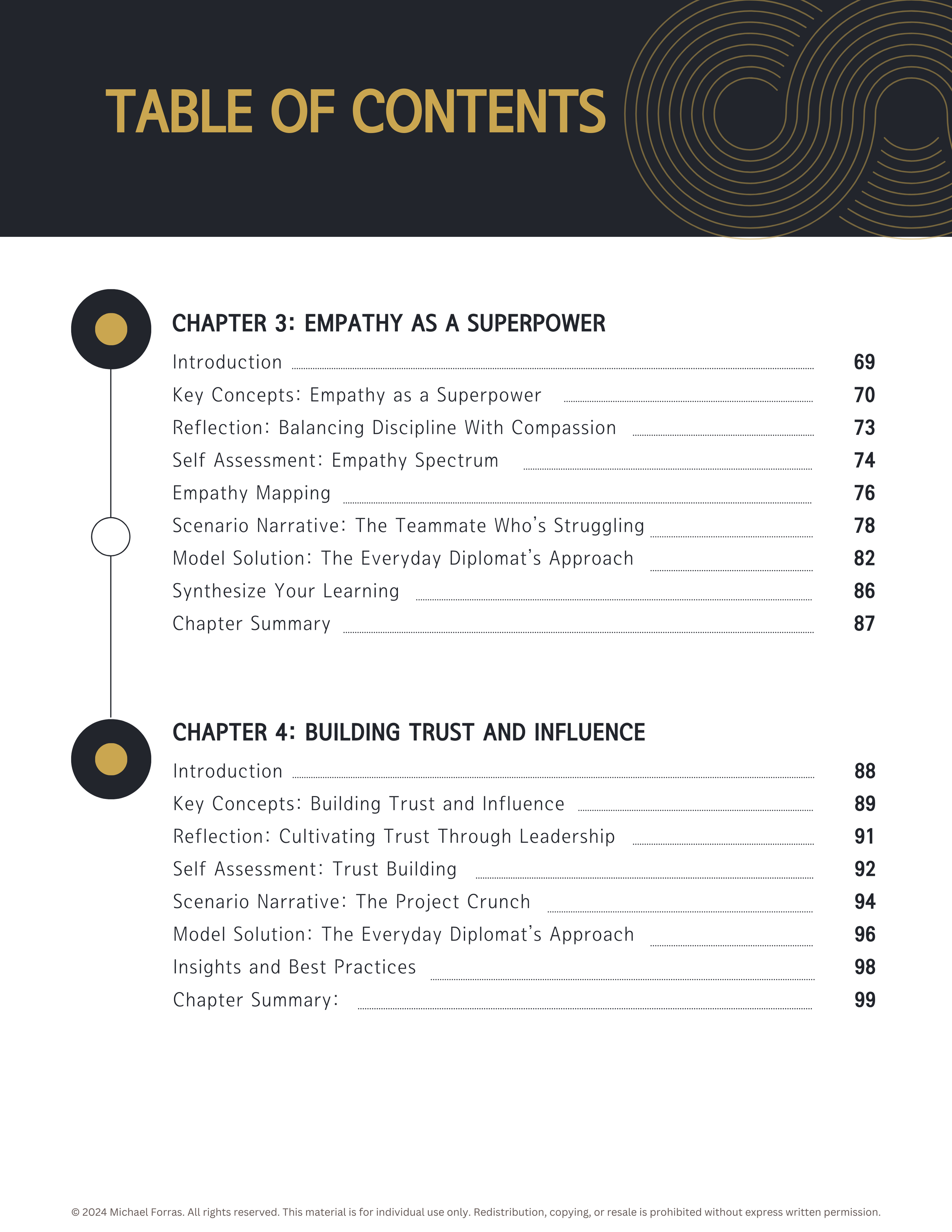 Table of contents page for a book, listing chapters on empathy and trust building, with page numbers.