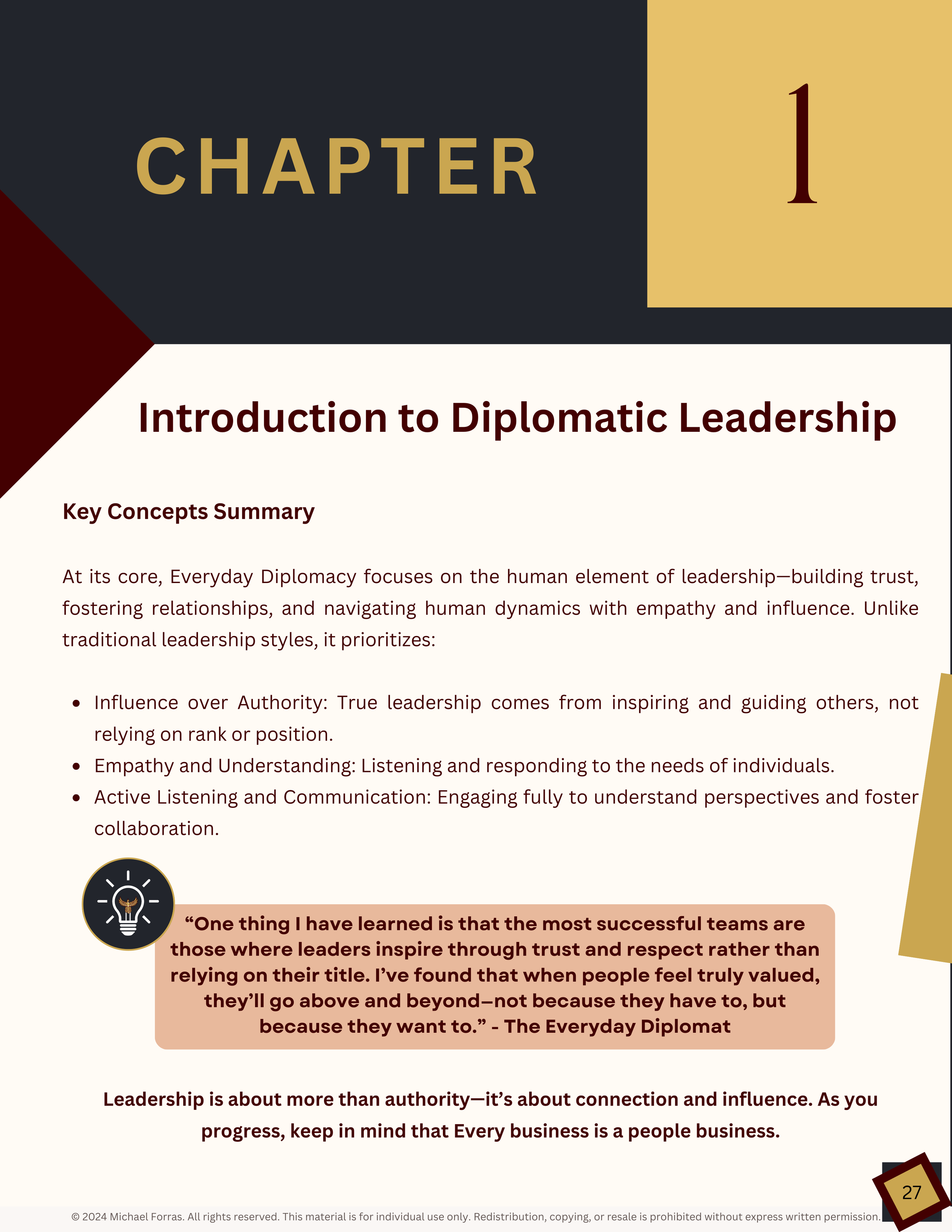 Chapter 1 of a book titled 'Introduction to Diplomatic Leadership' with a summary on key concepts, a quote about leadership, and page number 27 at the bottom.