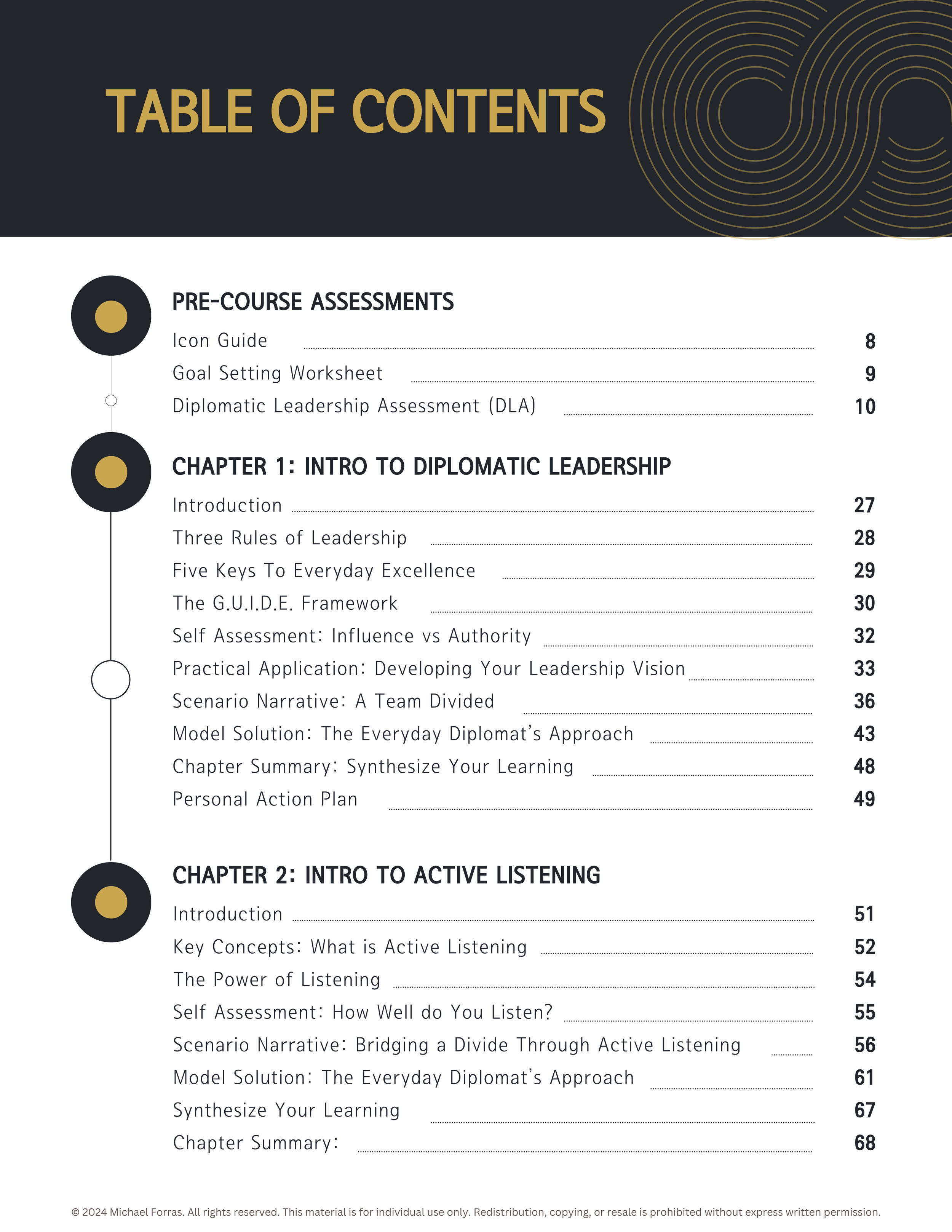 Table of contents for a diplomatic leadership course, listing sections on assessments, chapters on intro to diplomatic leadership and active listening, with page numbers.