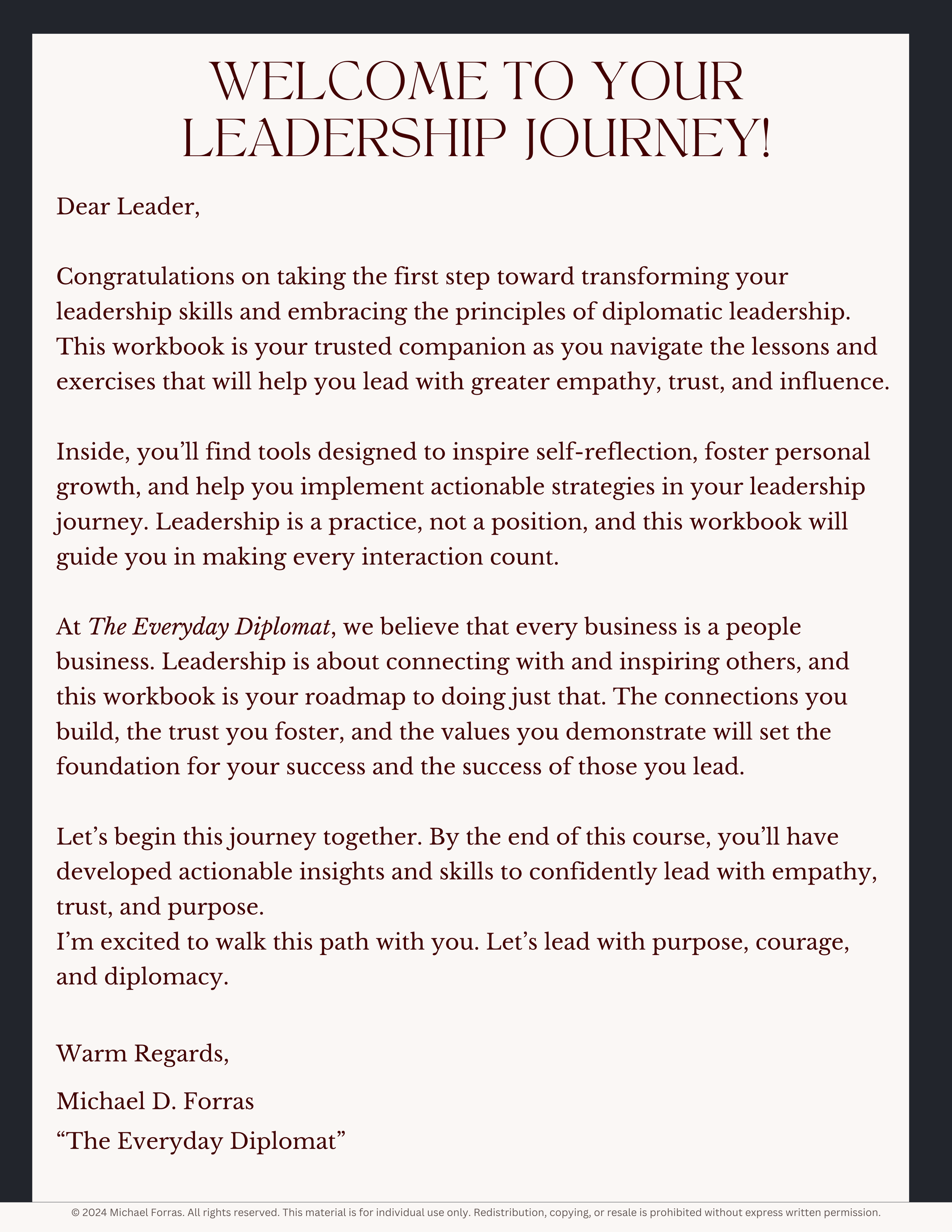 A letter with the title 'Welcome to Your Leadership Journey!' discussing leadership skills and personal growth, signed by Michael Forras.