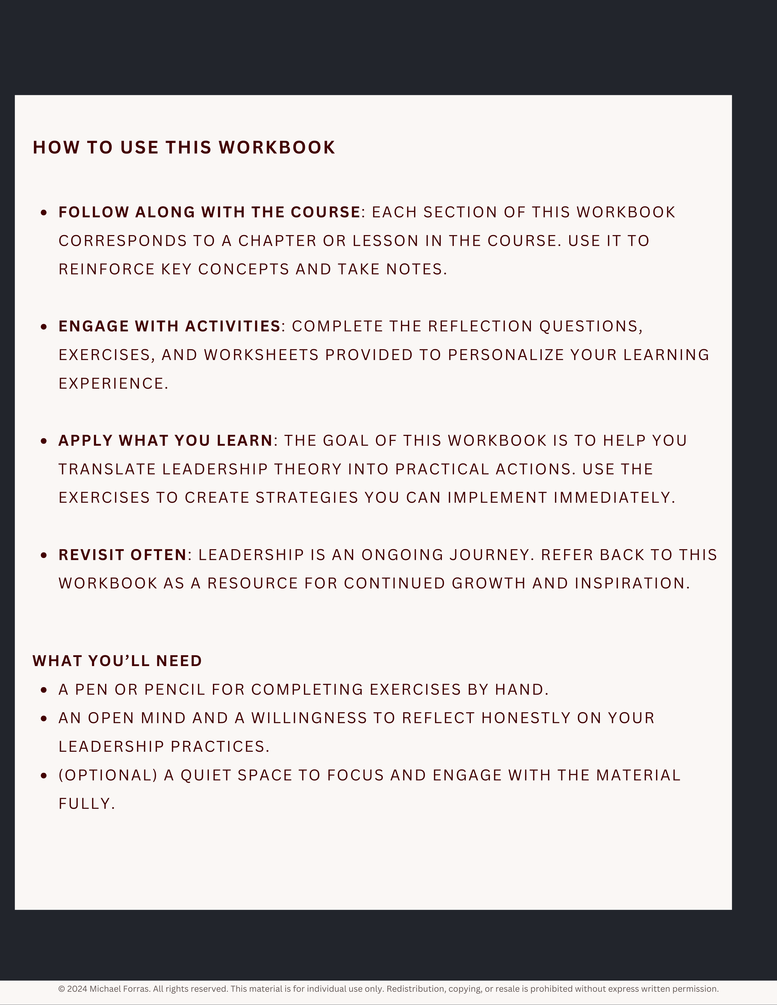 Page of a workbook titled 'How to Use This Workbook' with sections on following along, engaging with activities, applying learning, revisiting often, and materials needed, presented on a white background with a dark border.