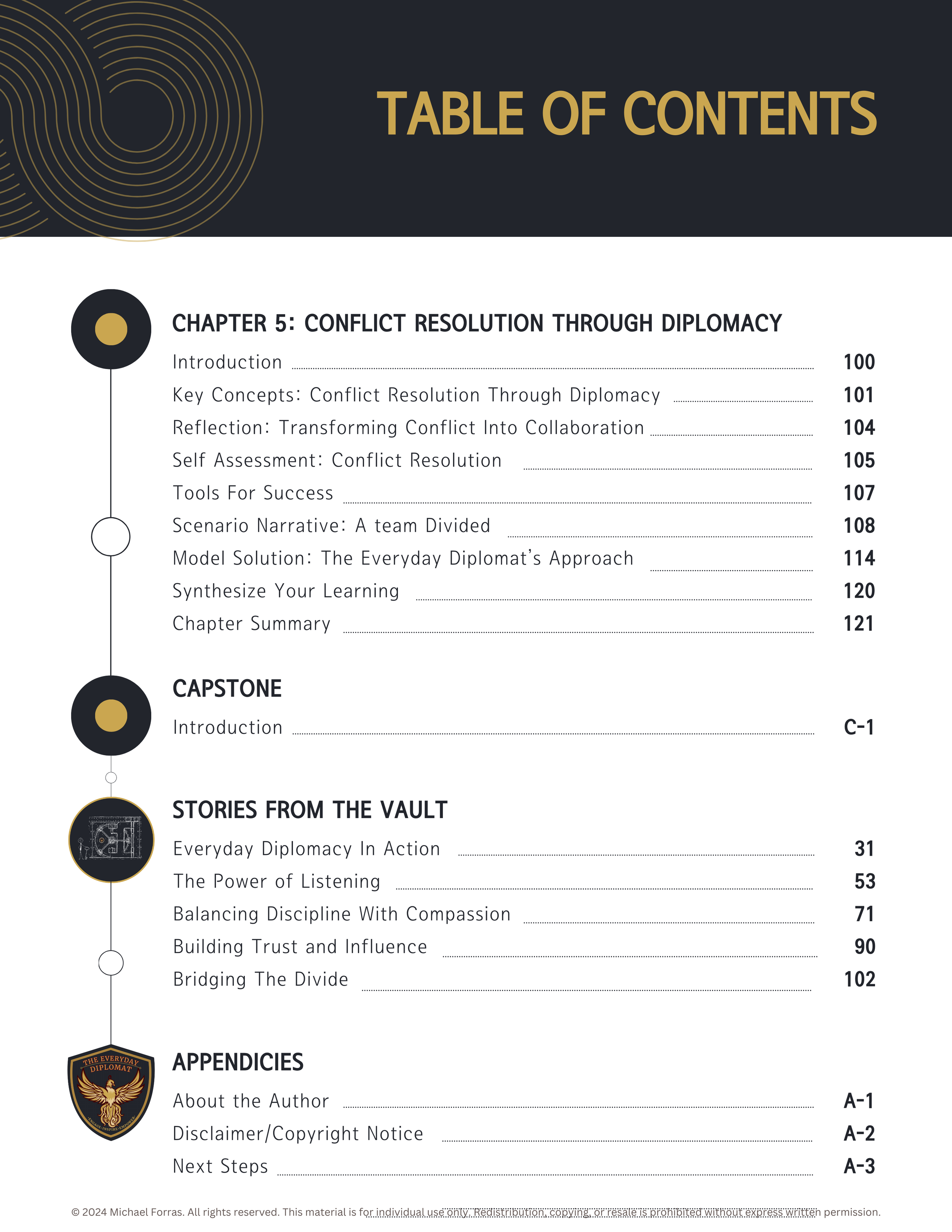 Table of contents page for a book, listing chapters, sections, and page numbers, with decorative circular design elements and an emblem at the bottom.