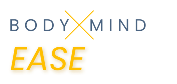 Logo mit dem Schriftzug "BODY X MIND" und dem Namen des Online Programms "EASE" auf hellem Hintergrund.