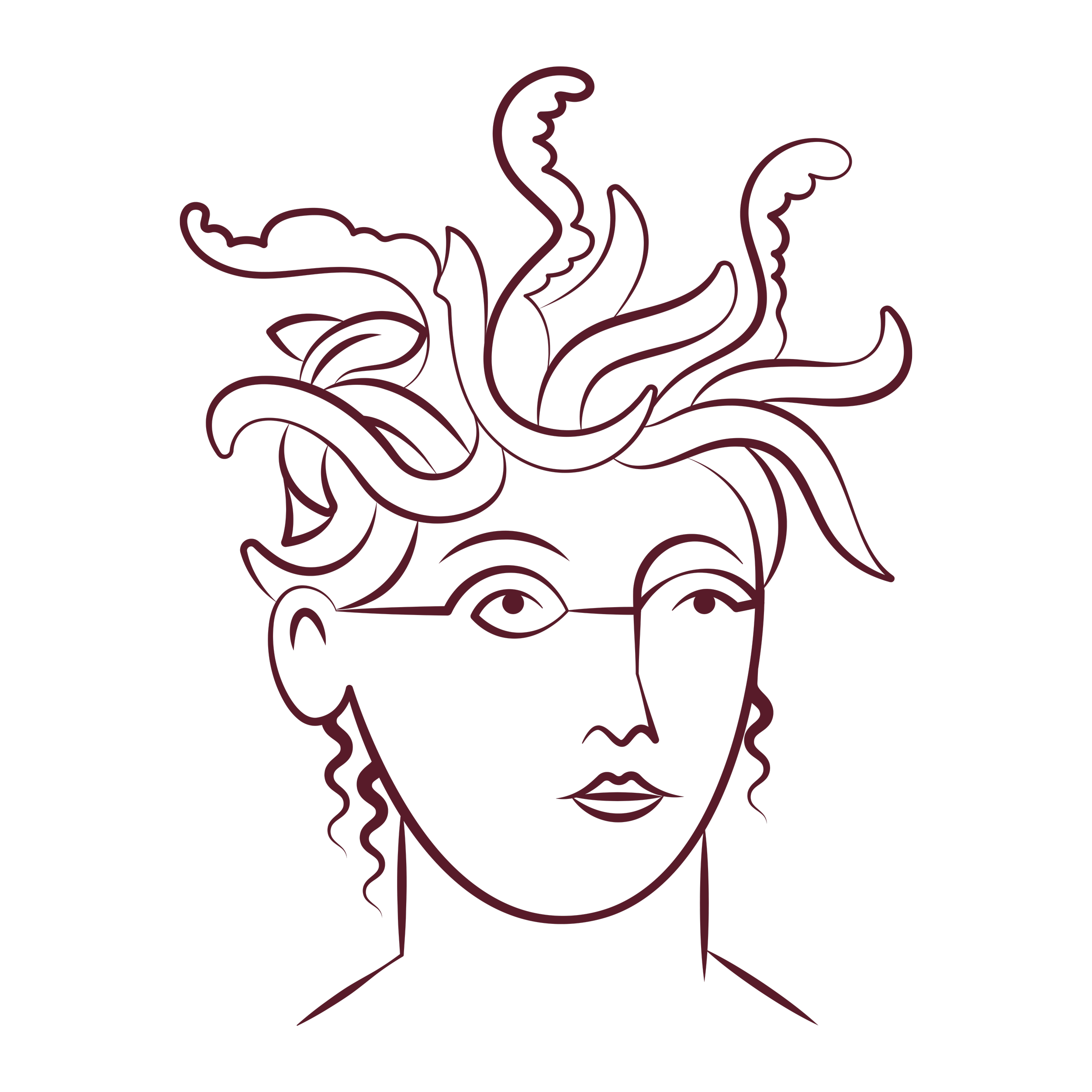 A line art illustration of a woman who looks like Medusa, her hair and face, drawn with maroon lines on a black background.