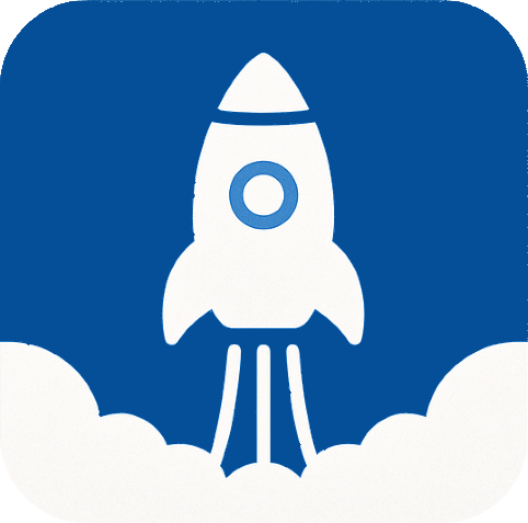 Icon of a white rocket launching with clouds of smoke on a blue background.