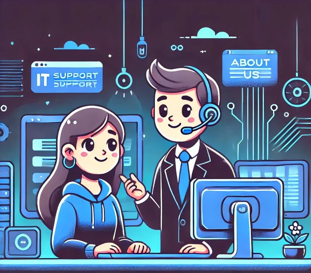 Cartoon illustration of a young woman and a support agent in a tech support or customer service setting, with computer screens and digital icons around them.