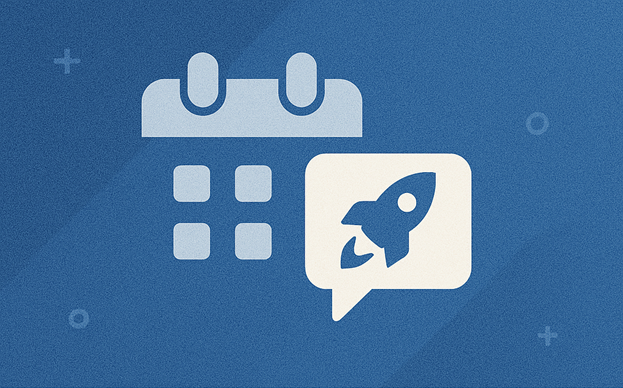 Icon of a calendar with a rocket in a speech bubble on a blue background.