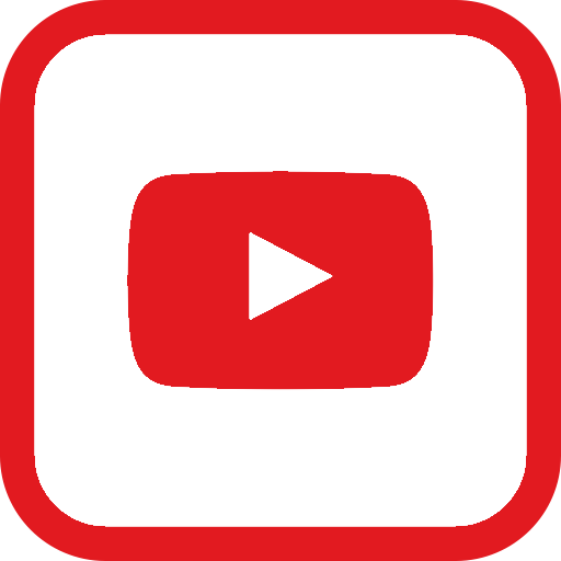 YouTube logo with a red rounded square and a white play button in the center.