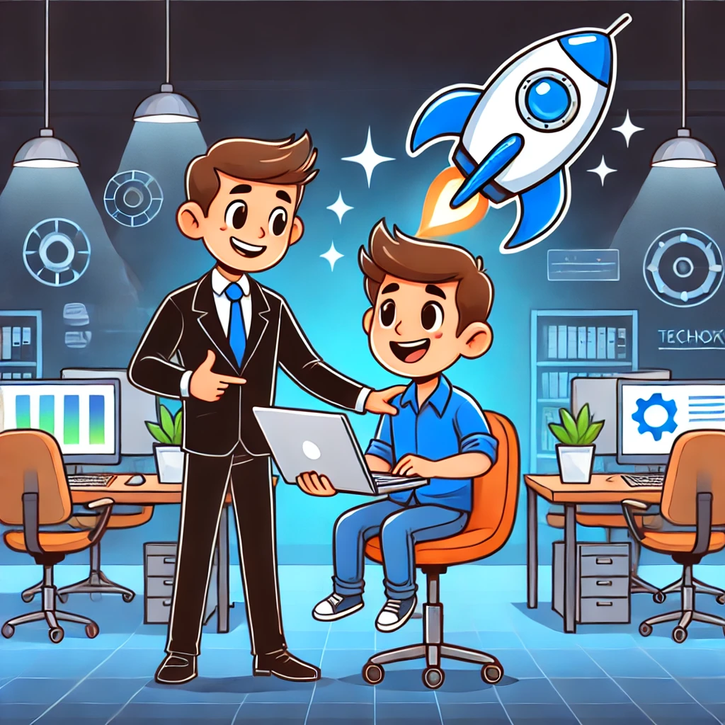 Drawn cartoon of two men in an office with computers, plants, and charts, one standing and pointing at the laptop of the other who is sitting. A cartoon rocket ship is launching in the background.