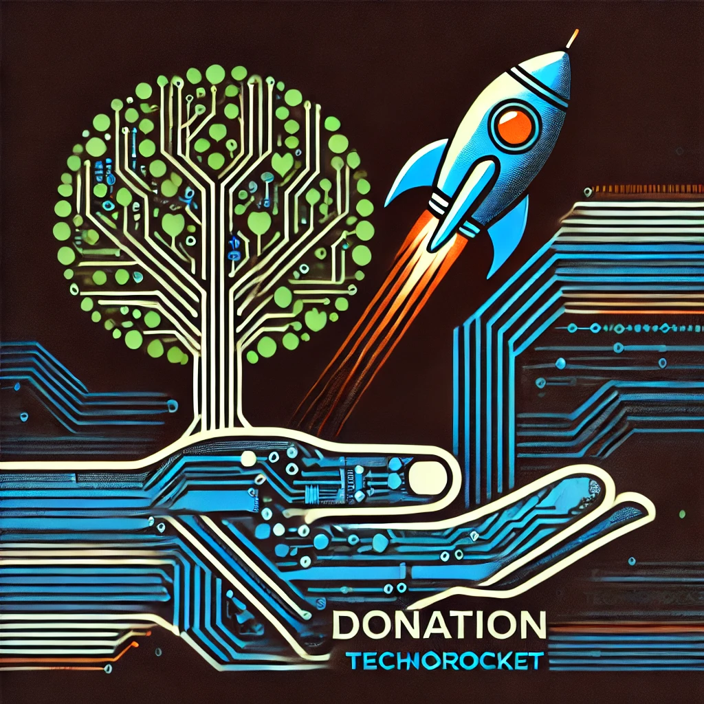 A graphic representation of a digital circuit with a hand holding a circuit board, a tree symbol made of circuit lines, and a rocket launching. The text reads "Donation Techrocket."