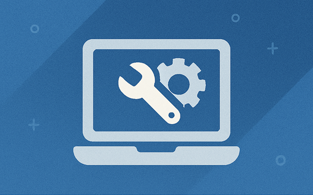 Icon of a computer monitor with a wrench and gear inside, representing settings or technical support.