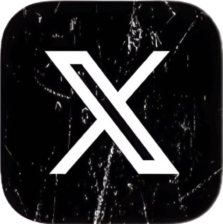 A black icon with a white stylized double X symbol in the center and a cracked, scratched background.