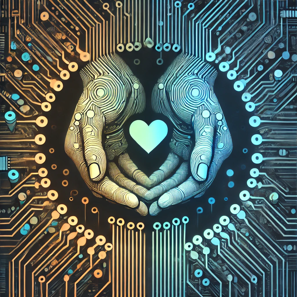 Digital illustration of two robotic hands forming a heart shape with a glowing heart in the center, surrounded by circuit board patterns in blue and gold colors.