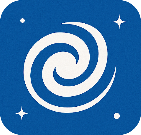 A blue background with a white spiral galaxy, stars, and dots.