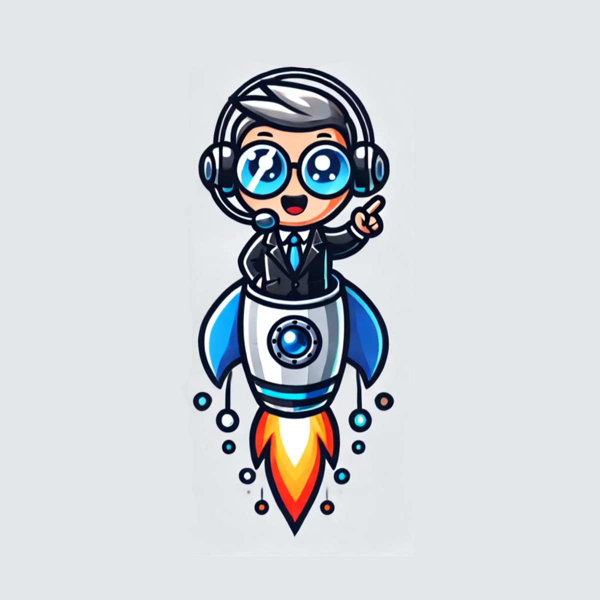 Cartoon character of a man in a business suit with glasses, wearing a headset, riding a rocket with flames and smoke