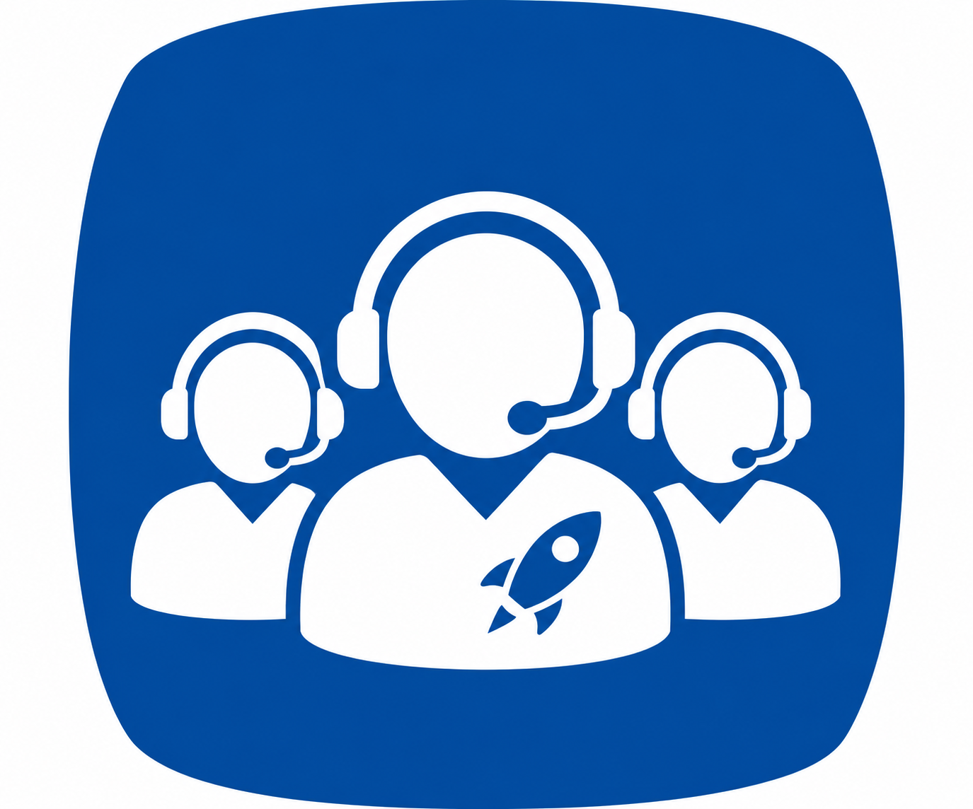 Icon of three people wearing headsets with a rocket on the front person's shirt, signifying customer support or call center service.