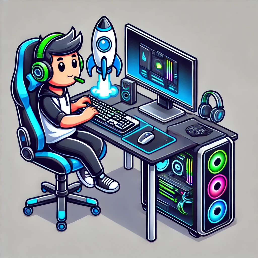 A cartoon illustration of a young gamer in a gaming chair, wearing headphones and using a keyboard and mouse at a gaming desk. The setup includes a large monitor, a computer tower with colorful lights, a headset, speakers, and a rocket graphic floating above the desk.