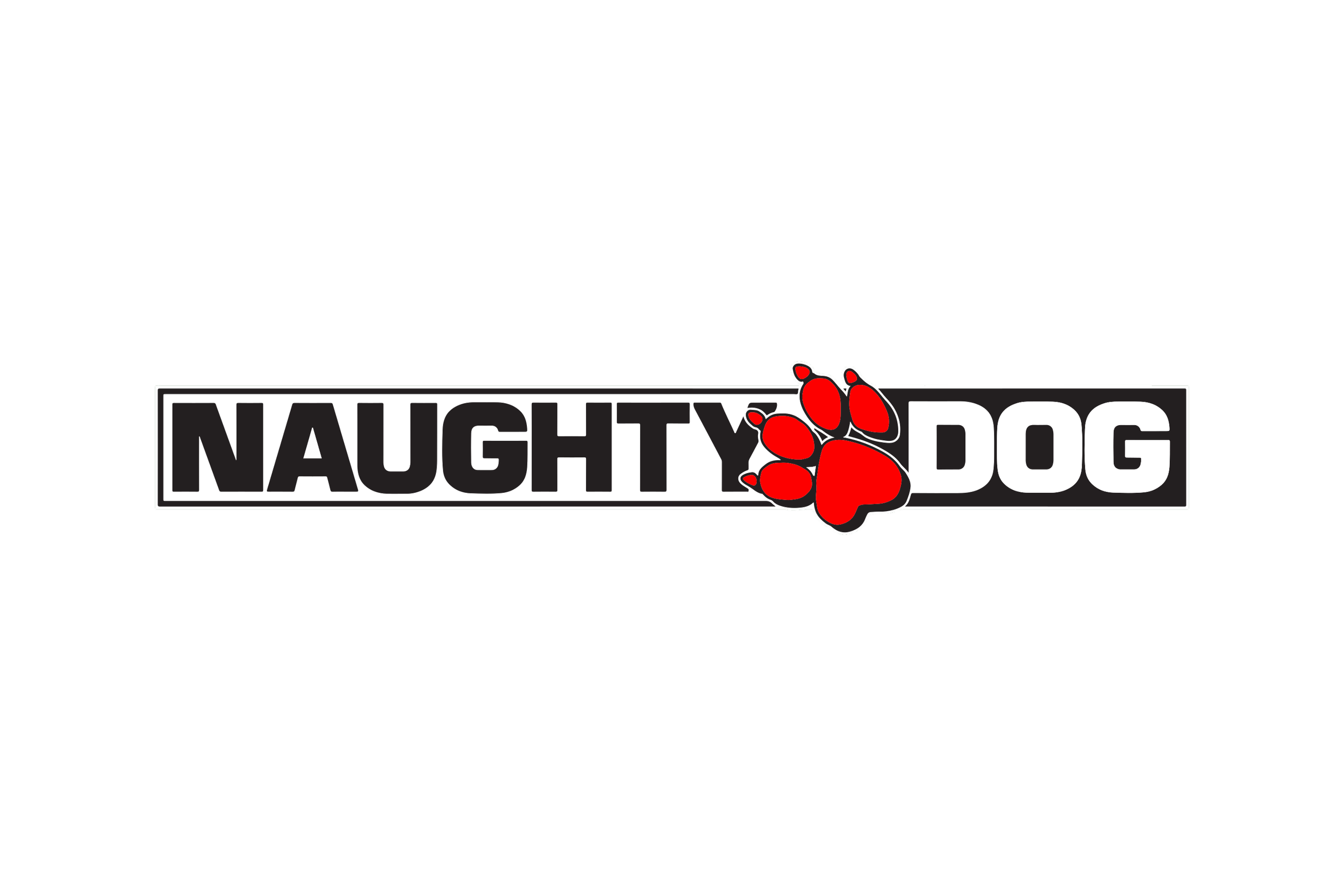 Naughty Dog logo with black background, white text, and a red paw print overlay.