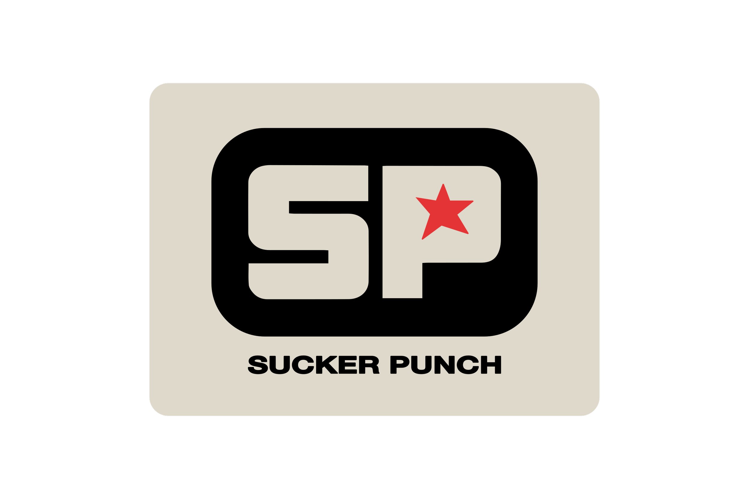 A logo with the letters 'SP' in black on a beige background, featuring a red star, and the words 'Sucker Punch' beneath.