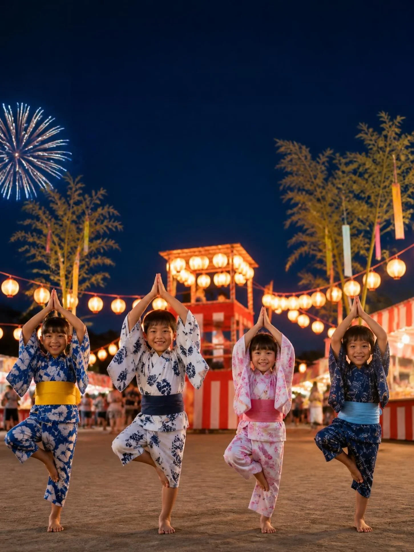 .
8月のテーマは 「日本の夏」 

普段は海外のイベントをテーマにレッスンを行っていますが、今月は日本にスポットを当てます！

外国の方と話すたびに感じるのは、日本に興味を持っている人が本当に多いということ。英語が話せるかどうかだけではなく、「日本について自分の言葉で伝えられること」の大切さを実感する場面がたくさんあります。

そこで今月は、夜空を彩る花火大会、屋台や盆踊りでにぎわう夏祭り、そして終戦記念日をきっかけに「平和」について考える時間など、日本ならではの夏をテーマに、英語とヨガを楽し