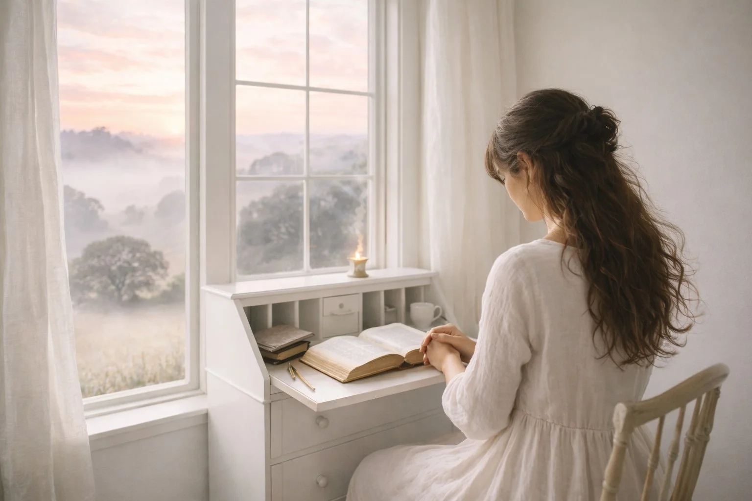 A woman in quiet morning prayer at an antique secretary's desk beside a misty pink sunrise window, representing sermons for moms, biblical motherhood, and family discipleship.