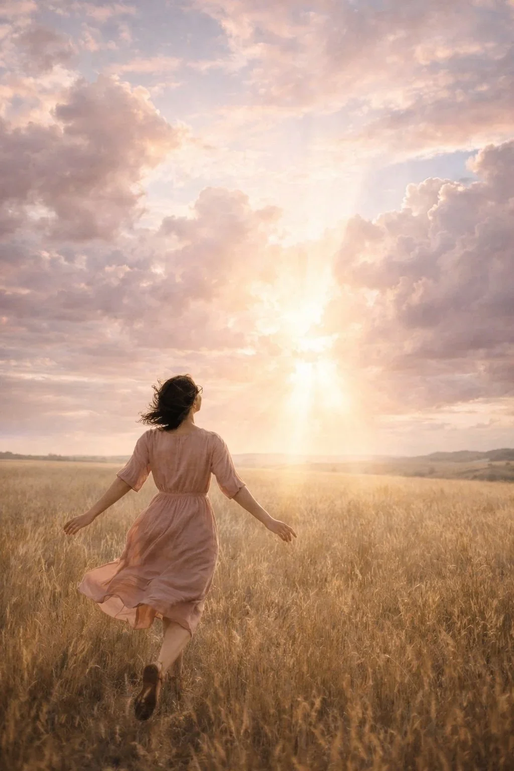 A woman running with abandon through a sunlit open field, arms open wide, representing the freedom found in trusting God's timing, featured on a sermons page for moms seeking encouragement through prayer and Scripture