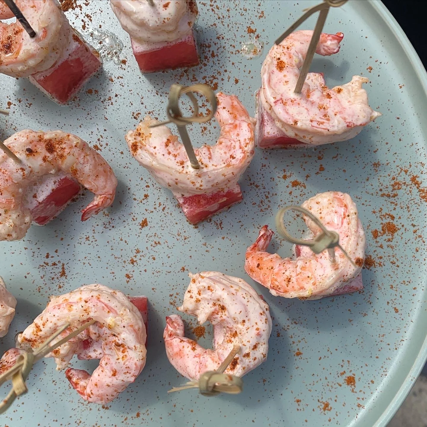 Alabama White BBQ Sauce, pickled shrimp, watermelon, perfect with rosé.