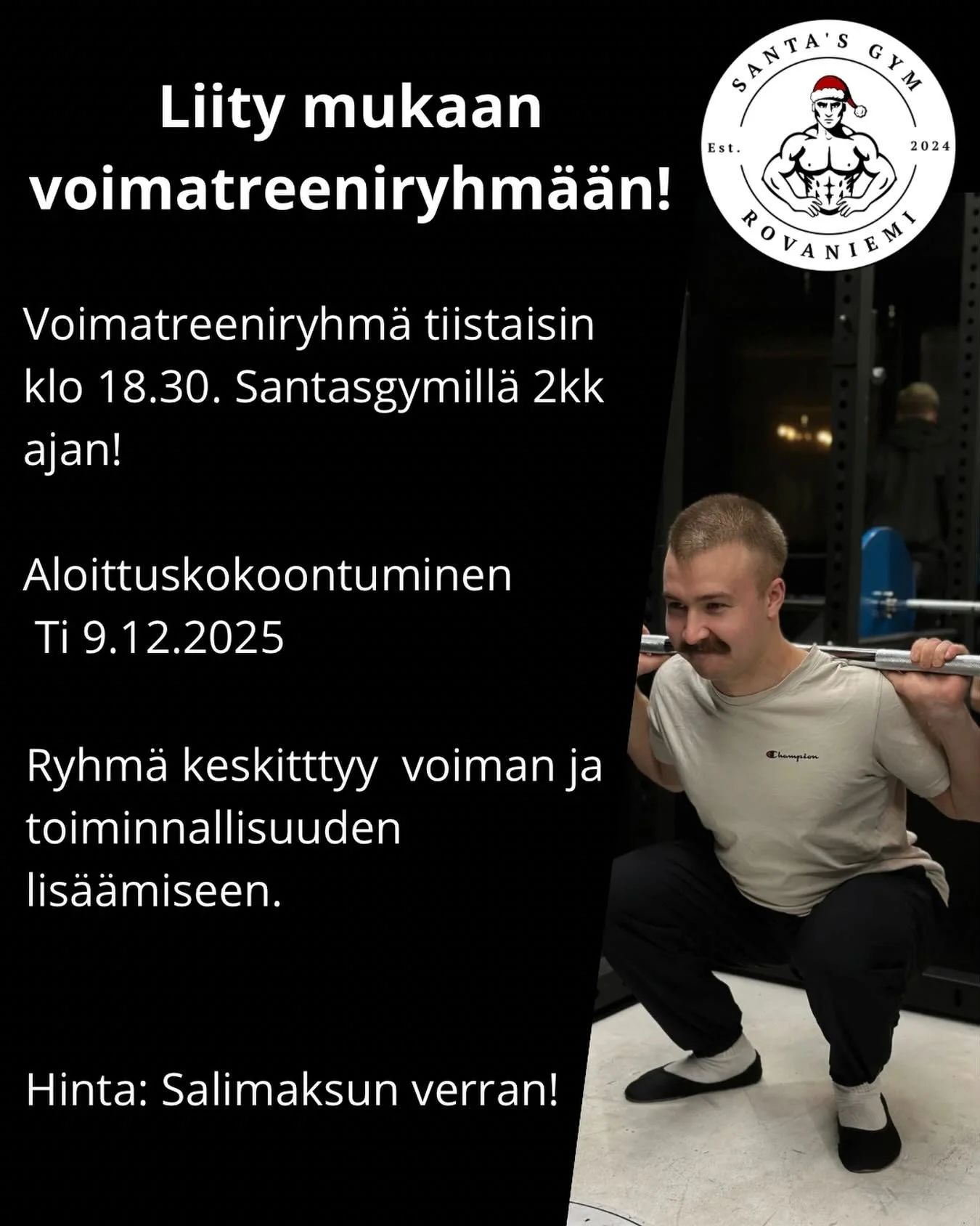 Viikottainen yhteistreeni 2 kk ajan. Monipuolinen treeniohjelma ja ravintovalmennus.
Kehittymisen seuranta sovelluksen avulla.
Paikkoja 5 henkil&ouml;lle, t&auml;ytet&auml;&auml;n ilmoittautumis j&auml;rjestyksess&auml;.
Santeri K&ouml;rkk&ouml; puh.